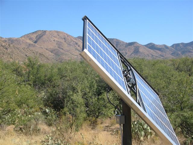 Solar panel that supplies the electricity for the house. Batteries store power for night time and cloudy days. The solar panel tracks (moves) with the sun.